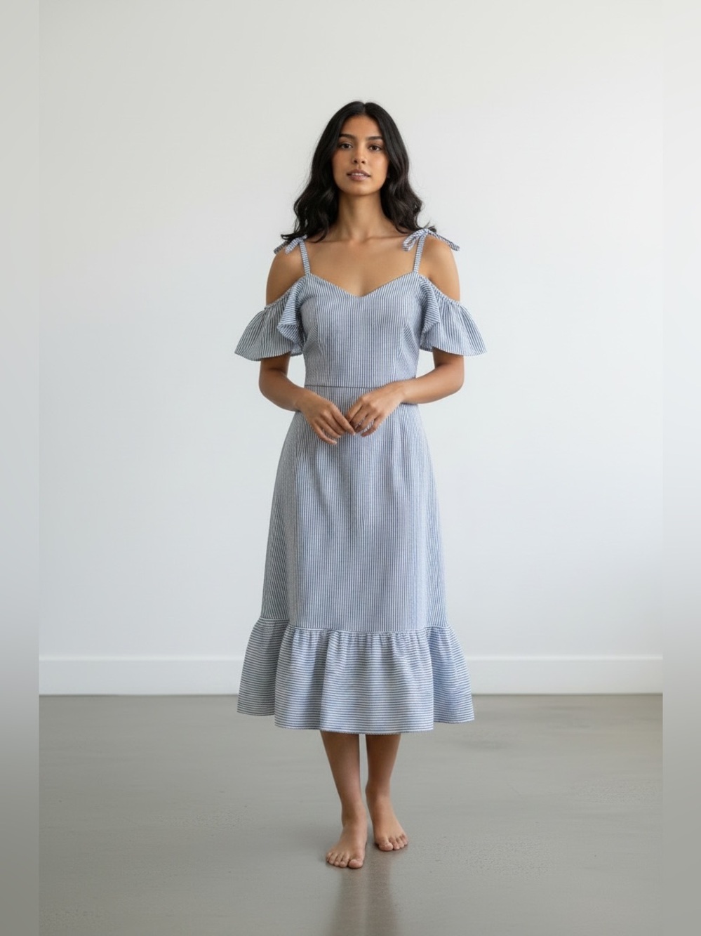 NEW Wayf Seersucker Blue Ruffle Hem Dress SzXS